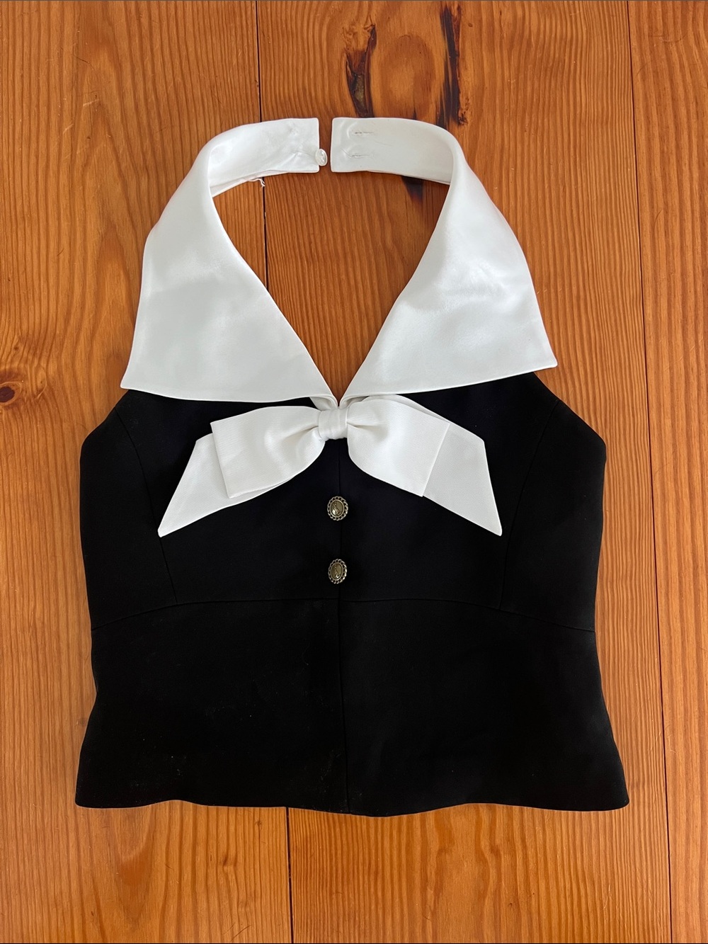 SAINT LAURENT PARIS YSL Silk Collar Tuxedo Halter Top Black White Size S⁠